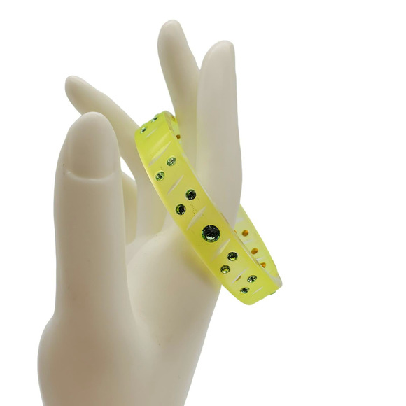 Lime Green Acrylic Bangle Neon Matte Green Rhinestone Bracelet Crystal Plastic - Picture 3 of 7